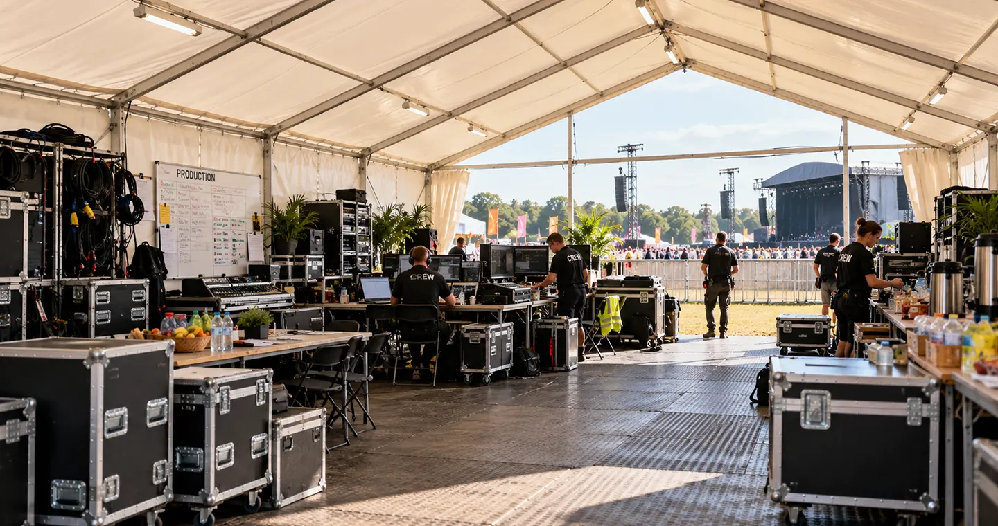 Temporary backstage and production structures at a festival