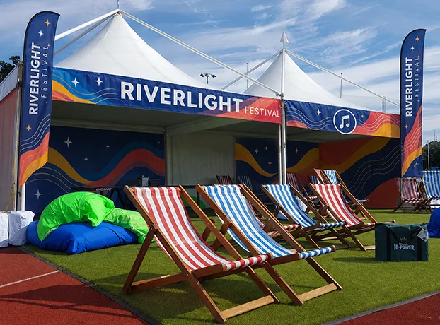 Pagoda marquee used as a branded festival sponsor area