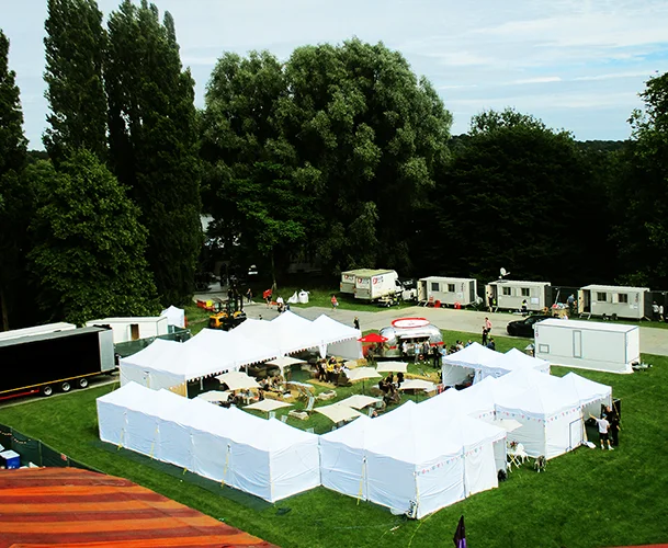 Festival gazebos installed for guest and operational areas