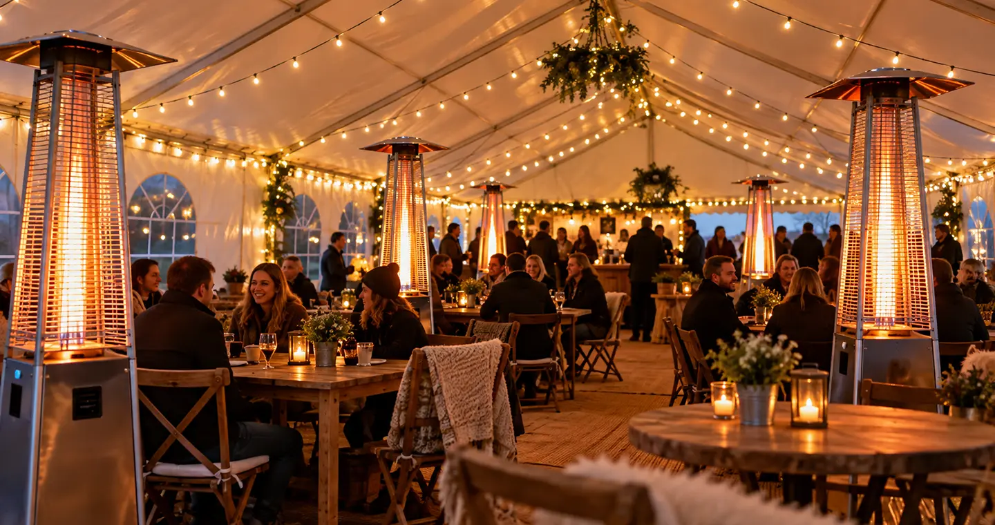 Temporary heating inside a festival marquee